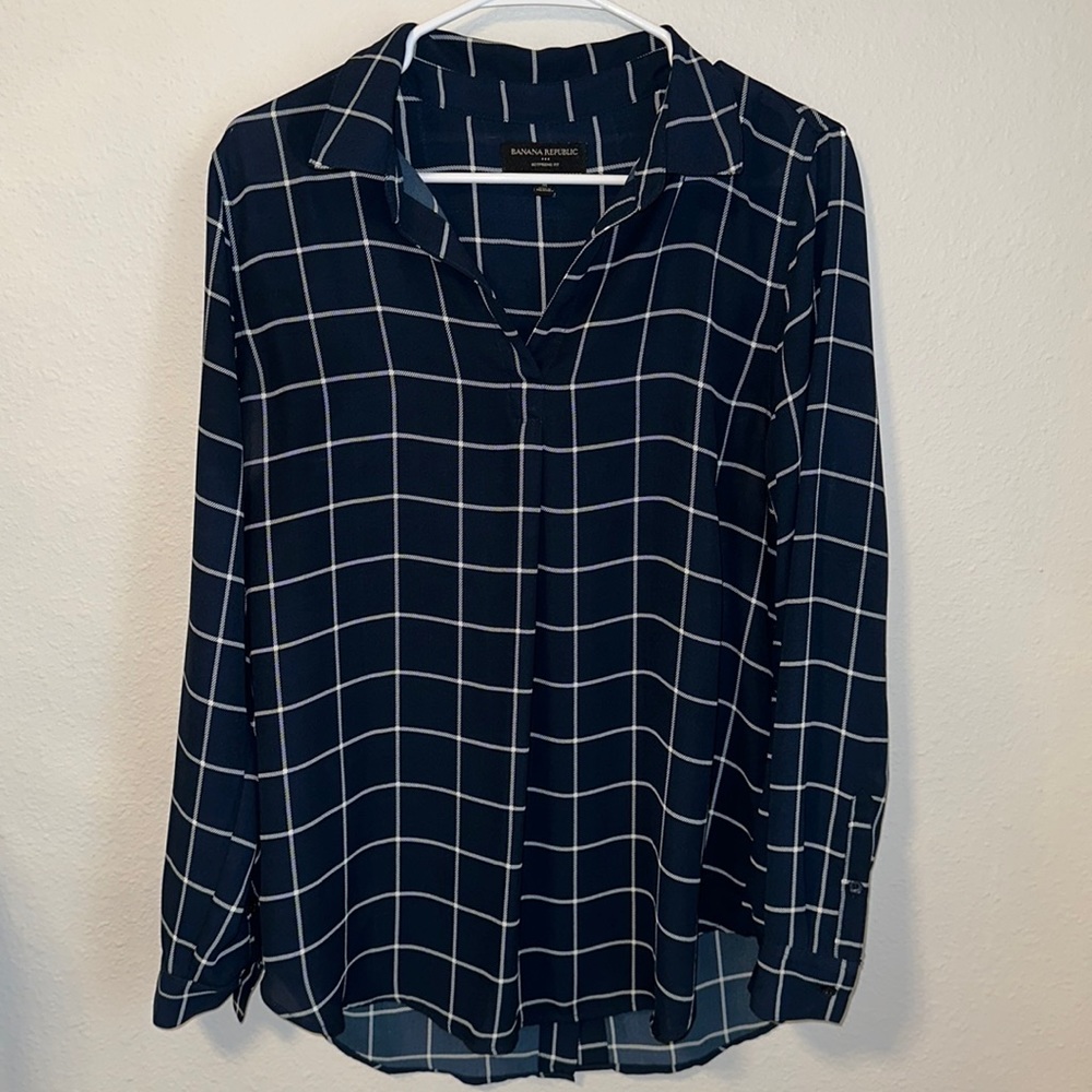 navy plaid long sleeve top